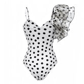 Black & White Polka Dot Ruffle Trim Asymmetric Puff Sleeve One Piece Swimsuit